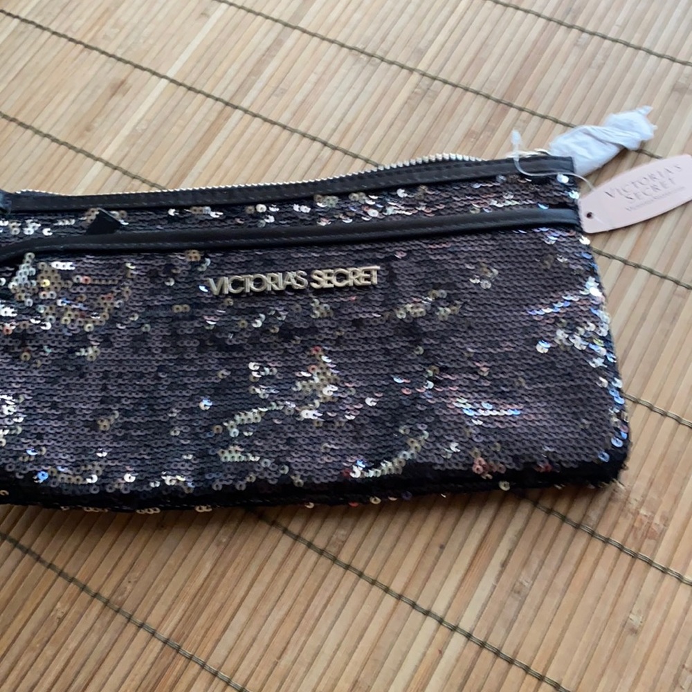 Victoria Secret black sequenced makeup bag NWT